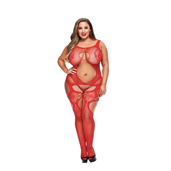 LAPDANCE - OPEN FRONT LACE BODYSTOCKING RED PLUS